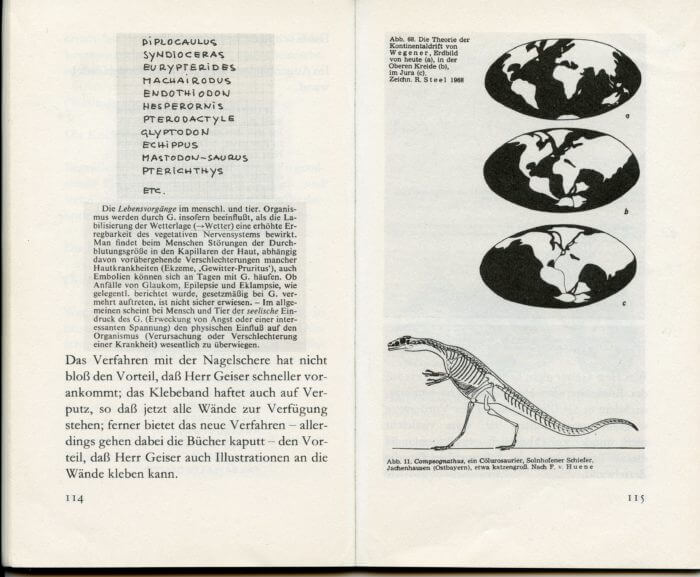 Fig. 1: A handwritten list of extinct species; a cut-out from a lexicon; narrative passages on Geiser; three different illustrations of the earth showing the progress of continental drift; an illustration of a small dinosaur. (MH 114, 115)