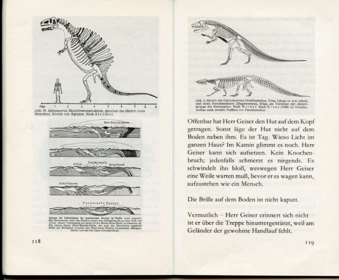 Fig. 2: Illustrations of several dinosaur skeletons next to a human; a schematic depiction of the Alpine orogeny; Geiser suffers a stroke. (MH 118, 119)