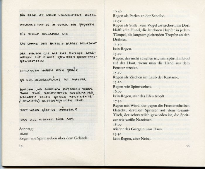 Fig. 3: Handwritten notes and questions next to a chronology of different types of rain. (MH 54, 55)