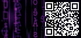 cover image of issue 14, winter 2022 on the topic of codes displaying a qr code on a black background and vertical lines of blurry purple letters