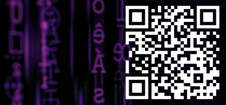 cover image of issue 14, winter 2022 on the topic of codes displaying a qr code on a black background and vertical lines of blurry purple letters