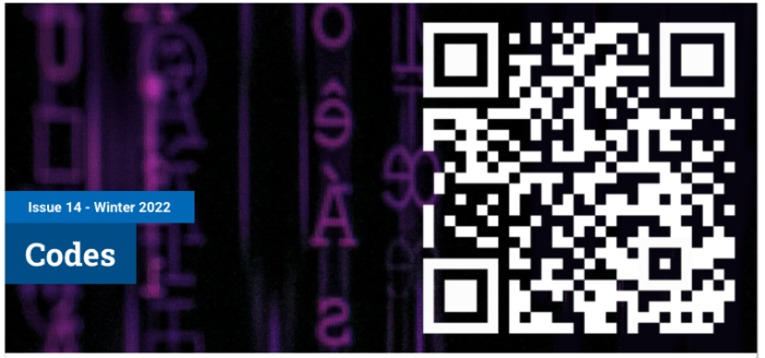 Teaser image of issue 14 on the topic of Codes: Power and Subversion showing a white QR code on a black background with horizontal lines of blurry purple letters.